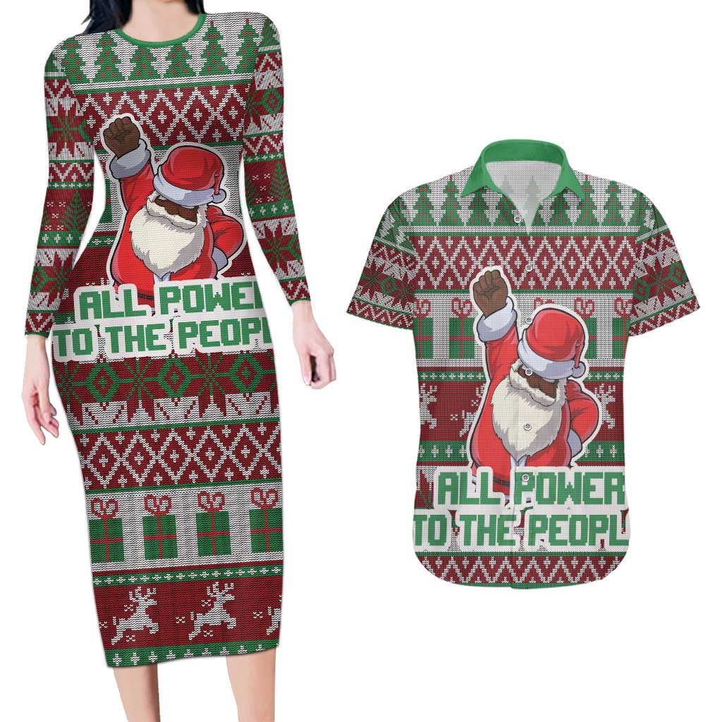 Africa Christmas Black Santa Fist Couples Matching Long Sleeve Bodycon Dress and Hawaiian Shirt All Power to the People - Wonder Print Shop