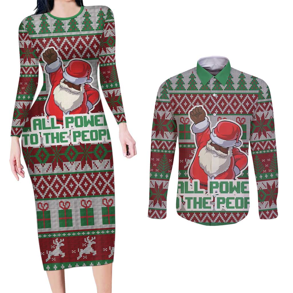 Africa Christmas Black Santa Fist Couples Matching Long Sleeve Bodycon Dress and Long Sleeve Button Shirt All Power to the People - Wonder Print Shop