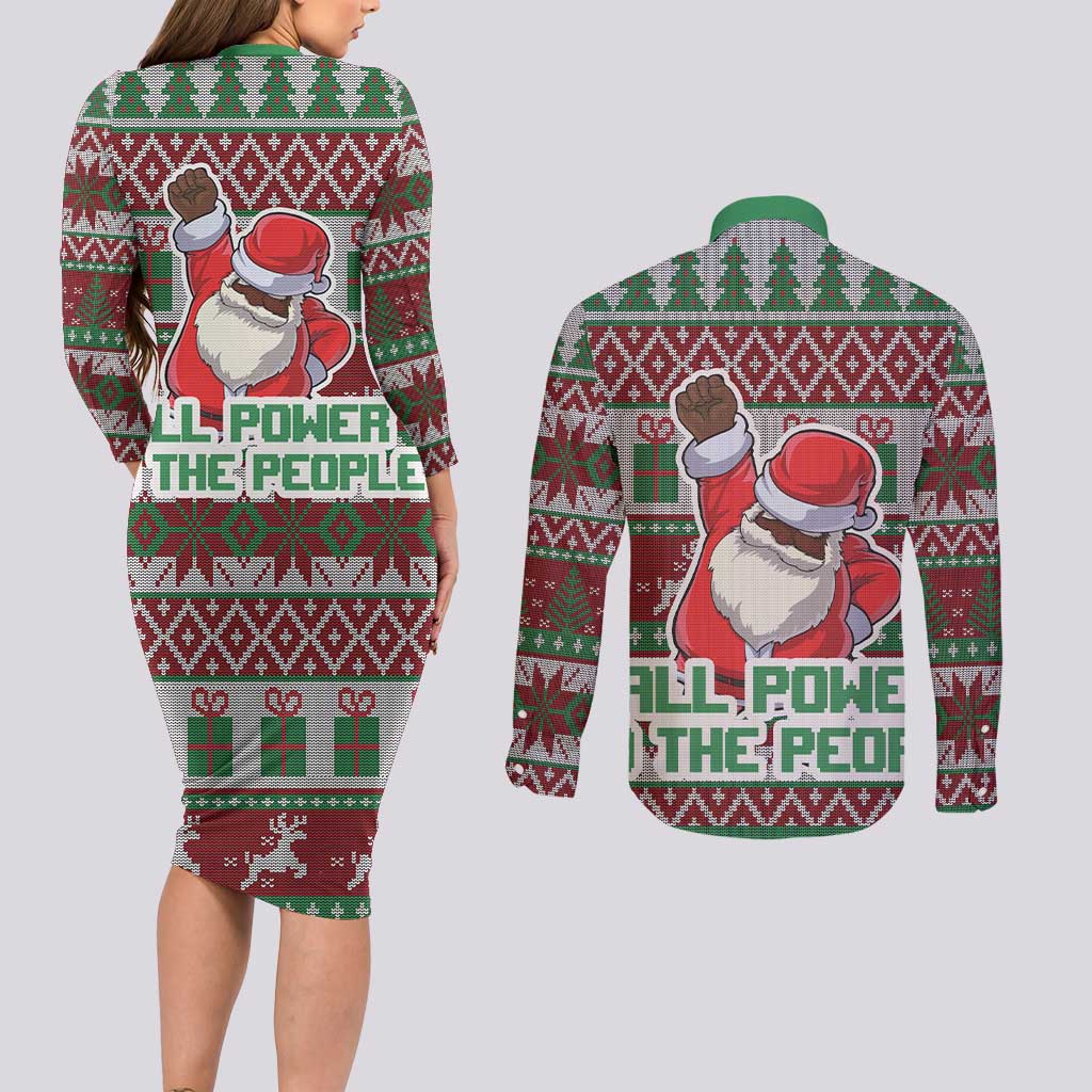 Africa Christmas Black Santa Fist Couples Matching Long Sleeve Bodycon Dress and Long Sleeve Button Shirt All Power to the People - Wonder Print Shop