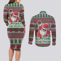 Africa Christmas Black Santa Fist Couples Matching Long Sleeve Bodycon Dress and Long Sleeve Button Shirt All Power to the People - Wonder Print Shop