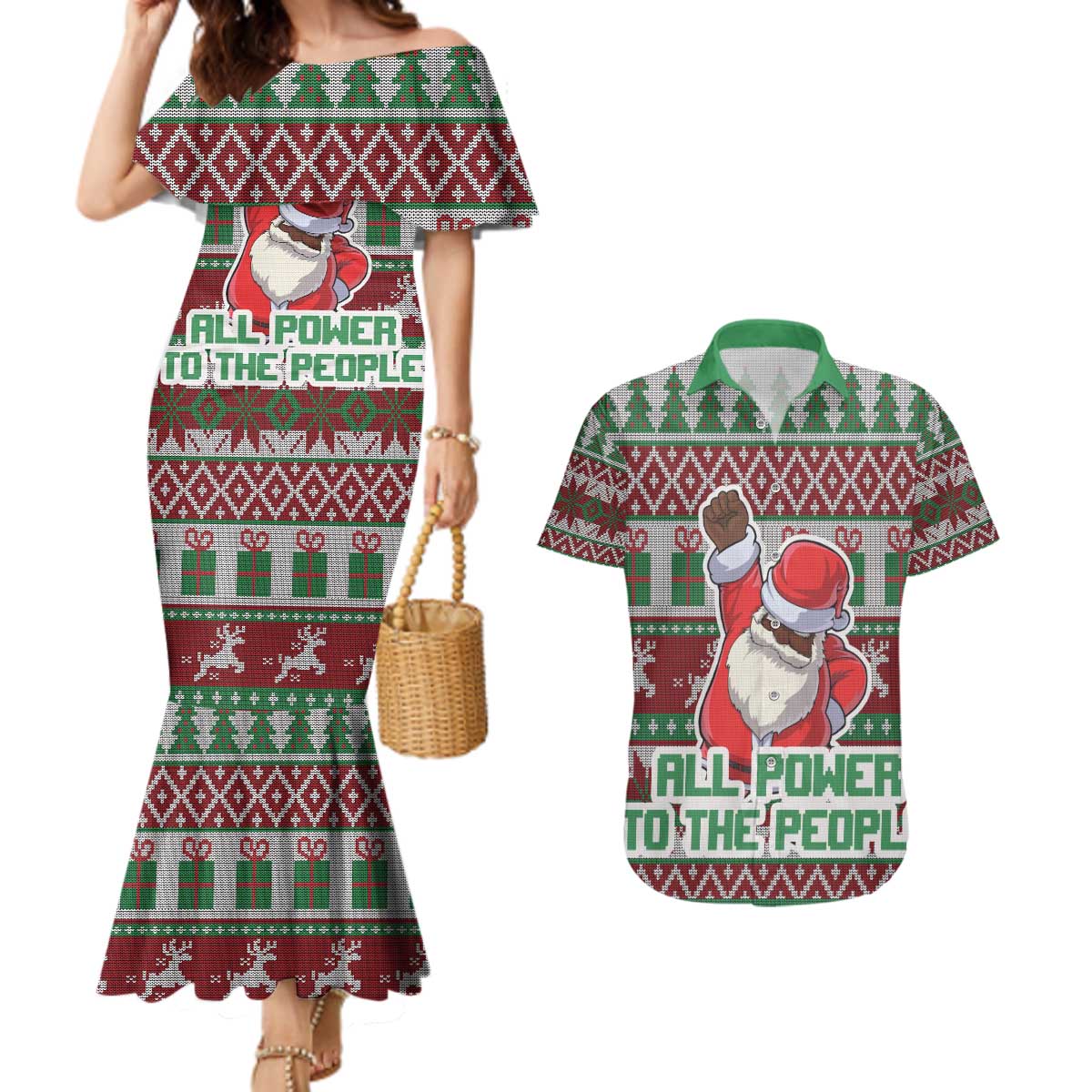 Africa Christmas Black Santa Fist Couples Matching Mermaid Dress and Hawaiian Shirt All Power to the People - Wonder Print Shop