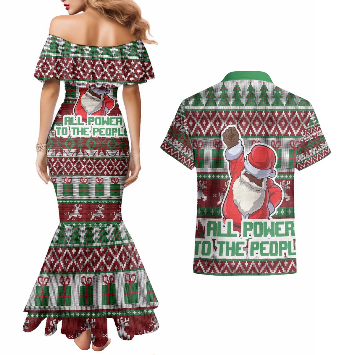Africa Christmas Black Santa Fist Couples Matching Mermaid Dress and Hawaiian Shirt All Power to the People - Wonder Print Shop