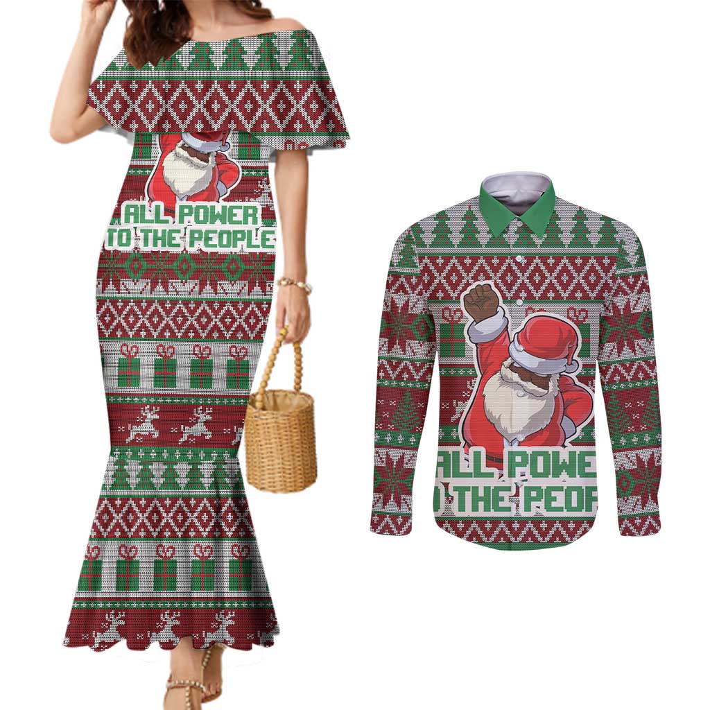 Africa Christmas Black Santa Fist Couples Matching Mermaid Dress and Long Sleeve Button Shirt All Power to the People