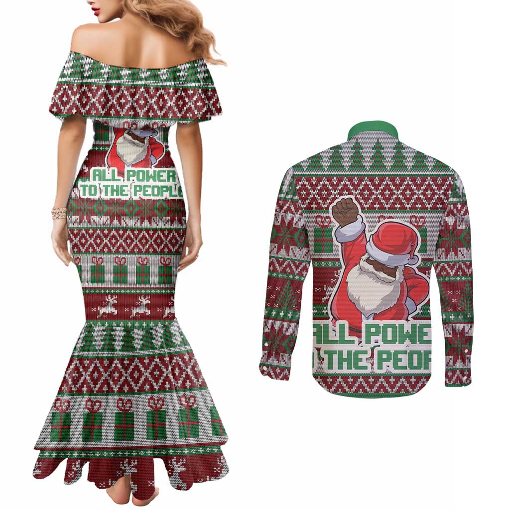 Africa Christmas Black Santa Fist Couples Matching Mermaid Dress and Long Sleeve Button Shirt All Power to the People