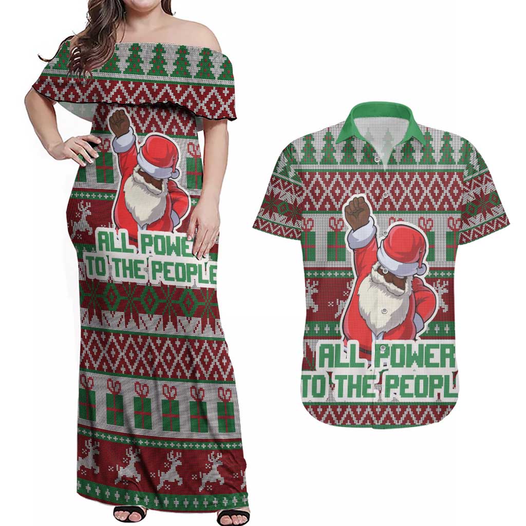 Africa Christmas Black Santa Fist Couples Matching Off Shoulder Maxi Dress and Hawaiian Shirt All Power to the People - Wonder Print Shop