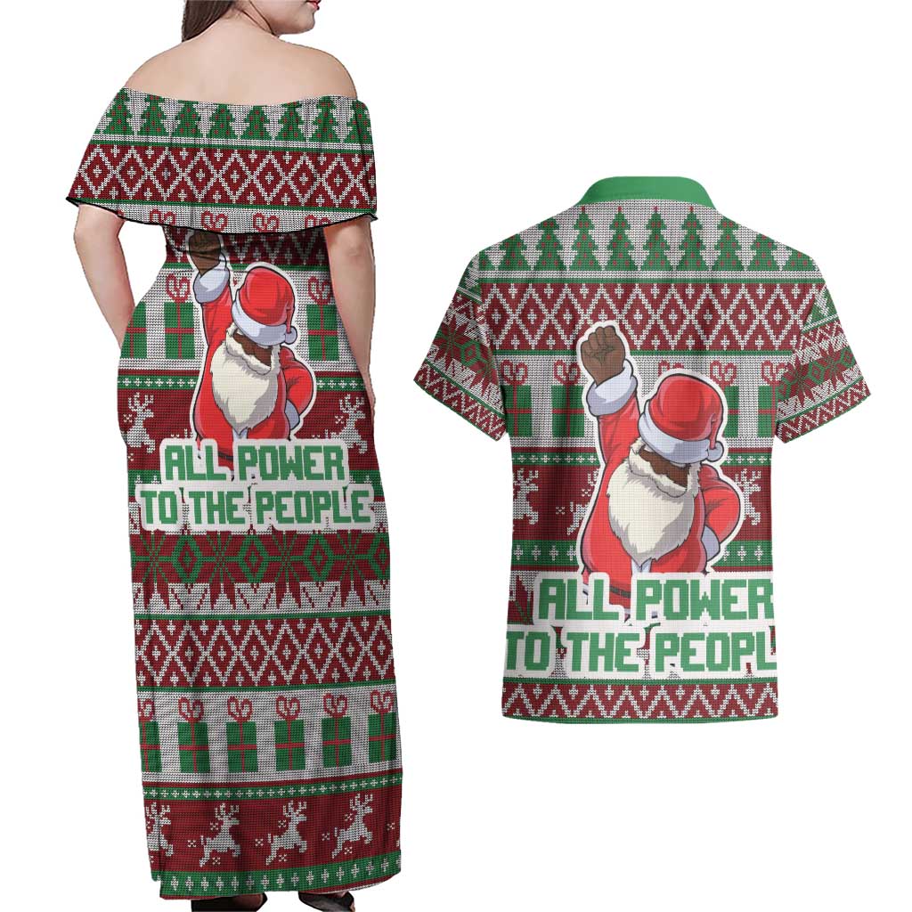Africa Christmas Black Santa Fist Couples Matching Off Shoulder Maxi Dress and Hawaiian Shirt All Power to the People - Wonder Print Shop