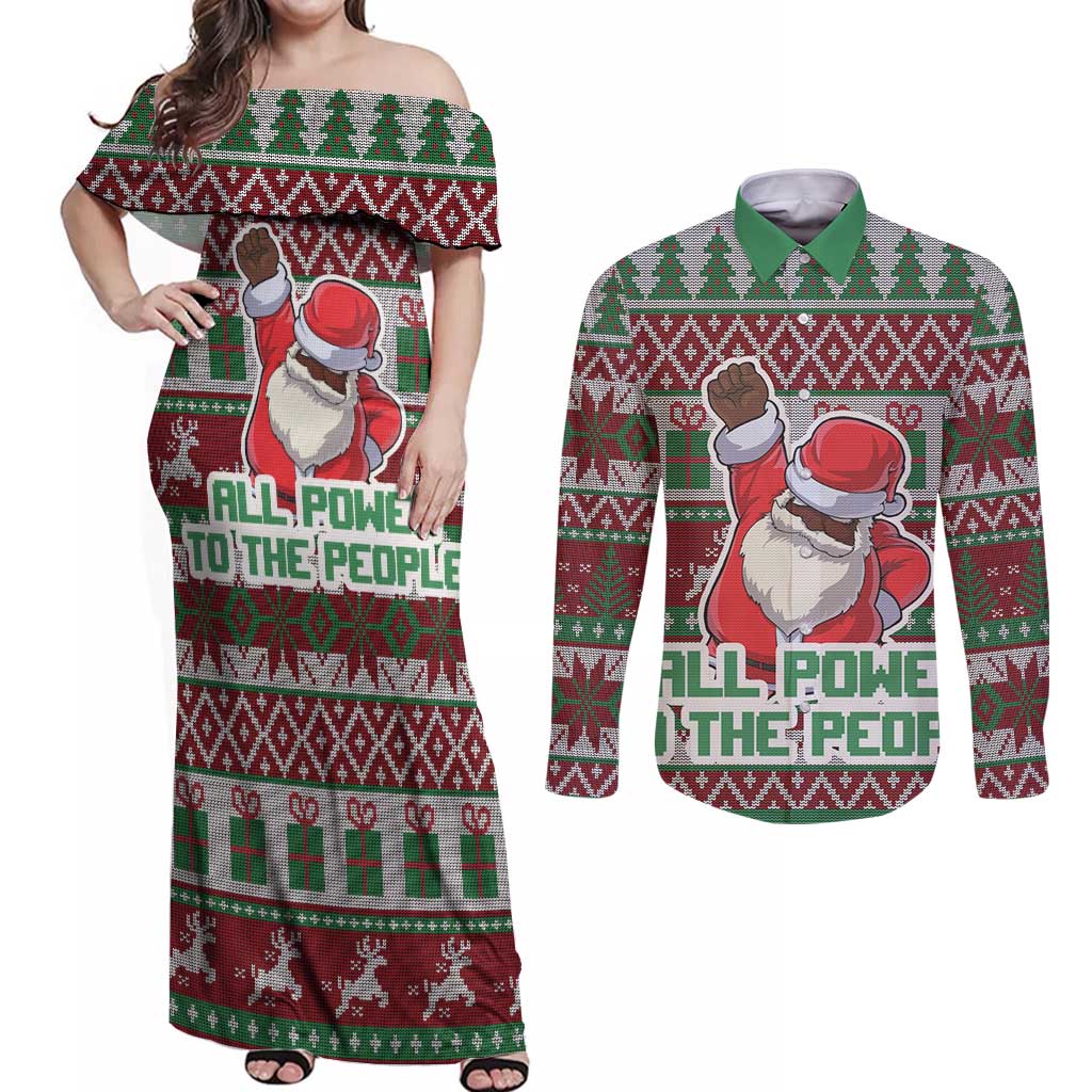 Africa Christmas Black Santa Fist Couples Matching Off Shoulder Maxi Dress and Long Sleeve Button Shirt All Power to the People - Wonder Print Shop