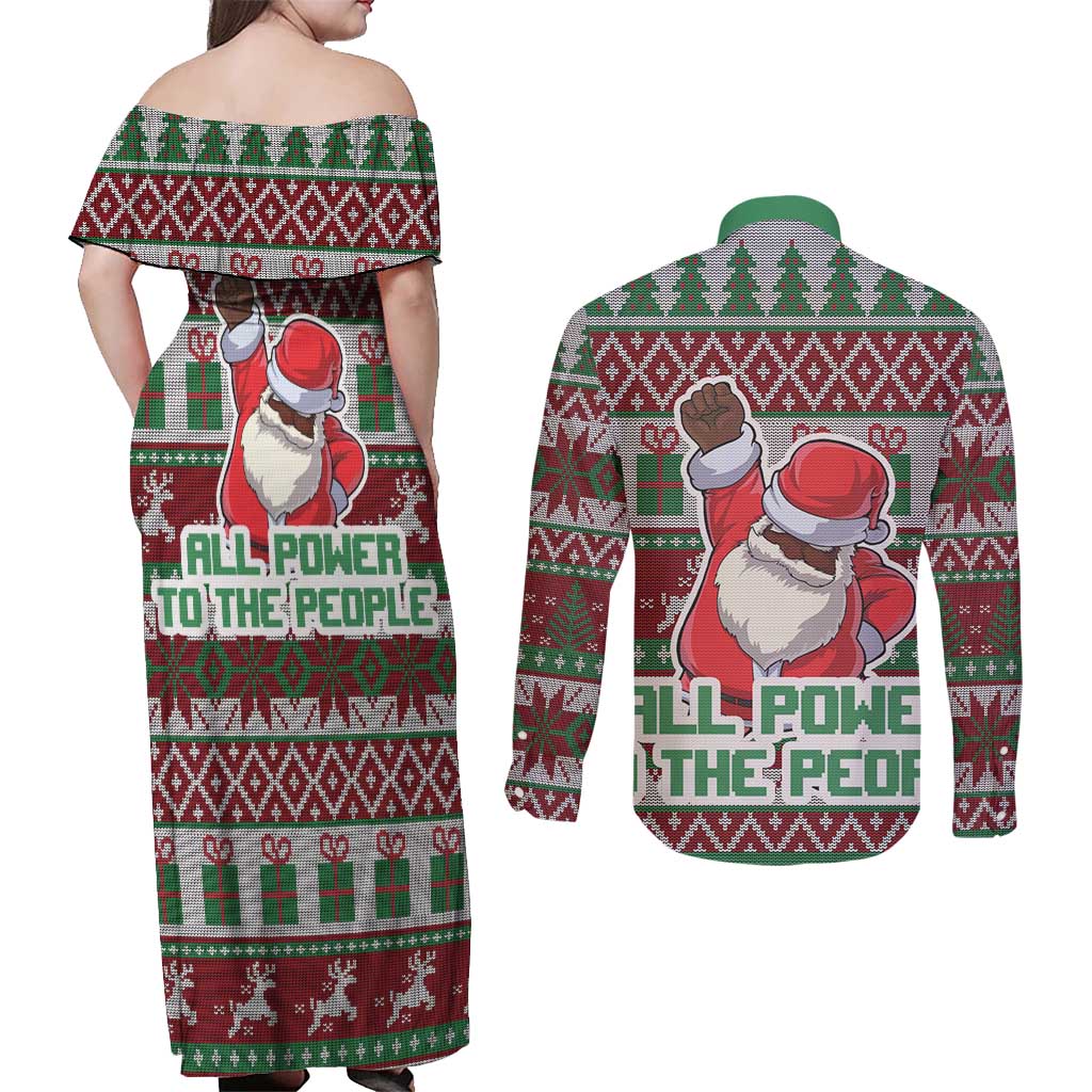 Africa Christmas Black Santa Fist Couples Matching Off Shoulder Maxi Dress and Long Sleeve Button Shirt All Power to the People - Wonder Print Shop