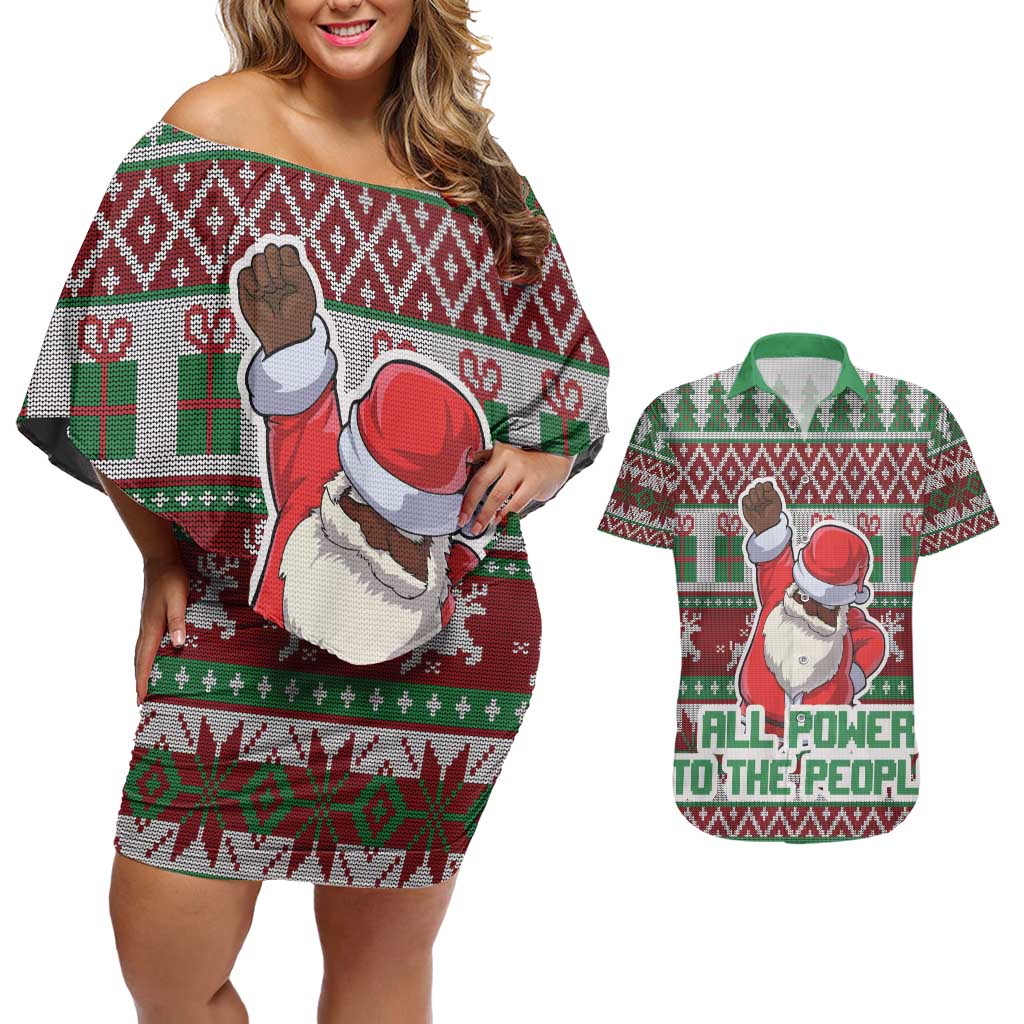 Africa Christmas Black Santa Fist Couples Matching Off Shoulder Short Dress and Hawaiian Shirt All Power to the People - Wonder Print Shop