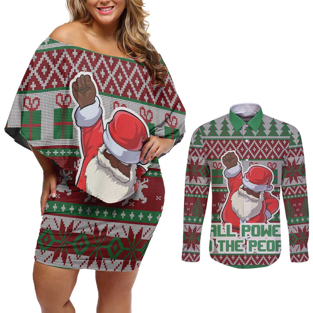Africa Christmas Black Santa Fist Couples Matching Off Shoulder Short Dress and Long Sleeve Button Shirt All Power to the People - Wonder Print Shop