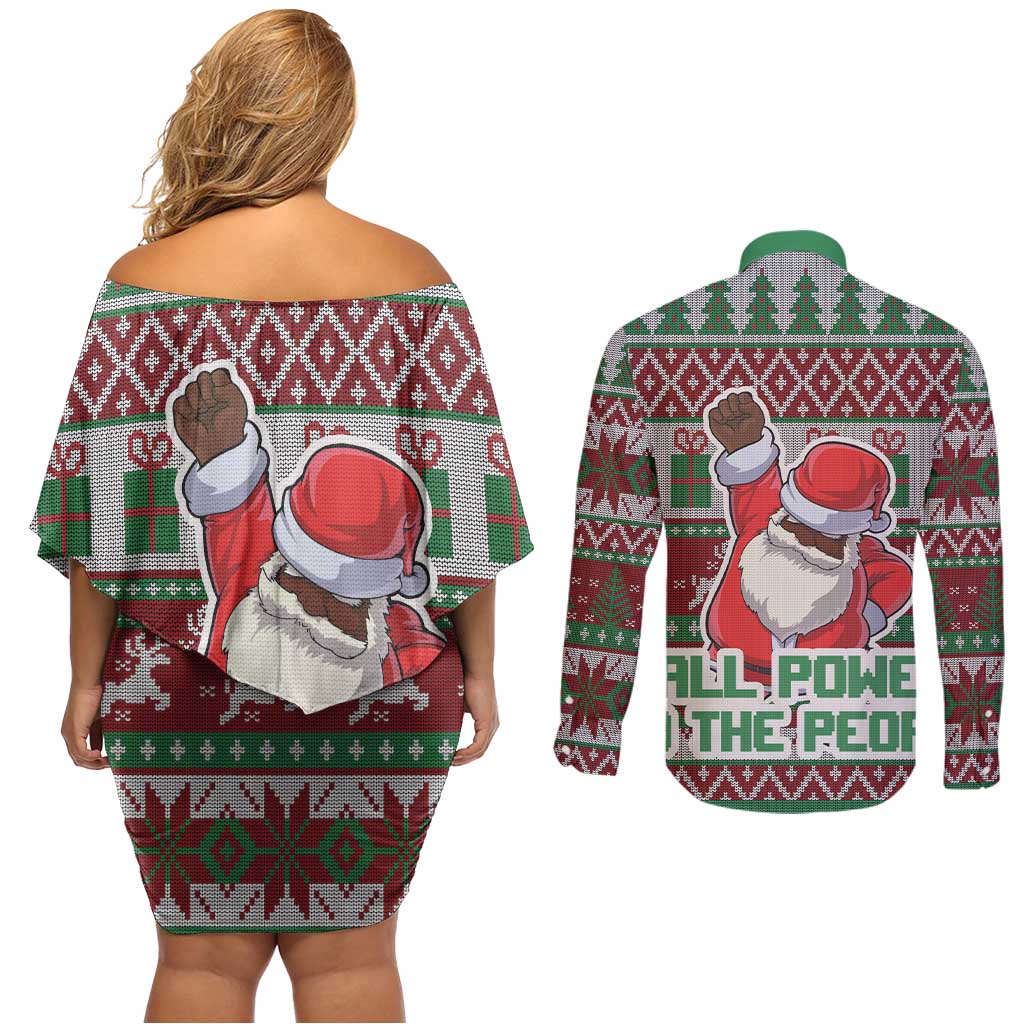 Africa Christmas Black Santa Fist Couples Matching Off Shoulder Short Dress and Long Sleeve Button Shirt All Power to the People - Wonder Print Shop
