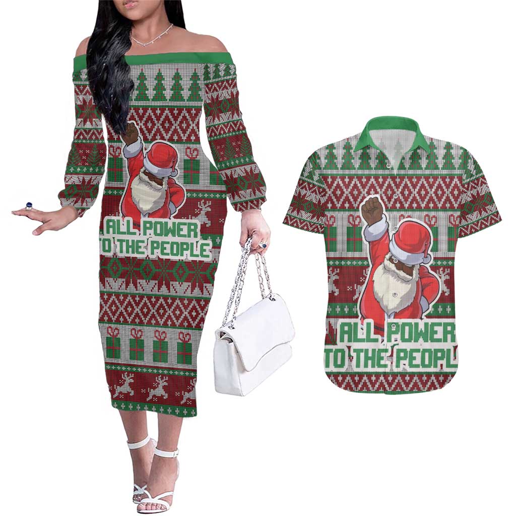 Africa Christmas Black Santa Fist Couples Matching Off The Shoulder Long Sleeve Dress and Hawaiian Shirt All Power to the People - Wonder Print Shop