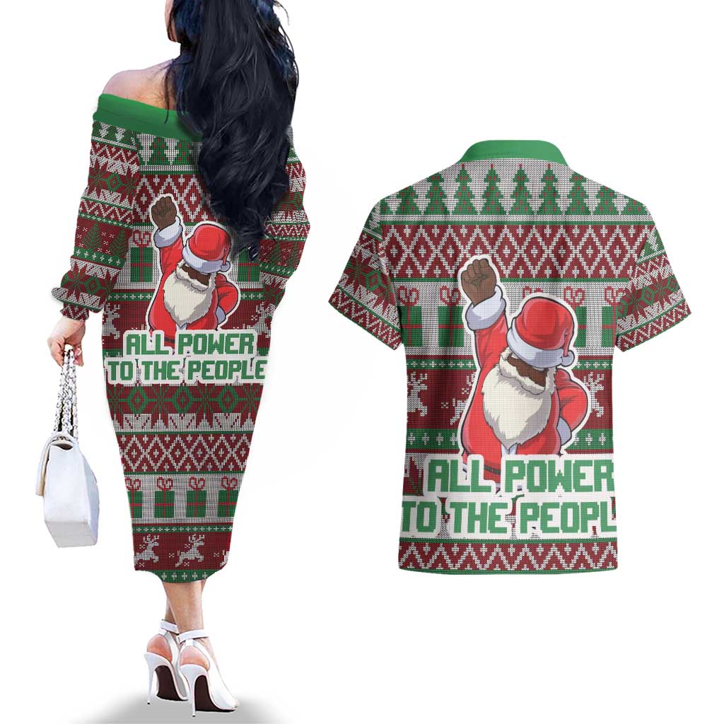 Africa Christmas Black Santa Fist Couples Matching Off The Shoulder Long Sleeve Dress and Hawaiian Shirt All Power to the People - Wonder Print Shop