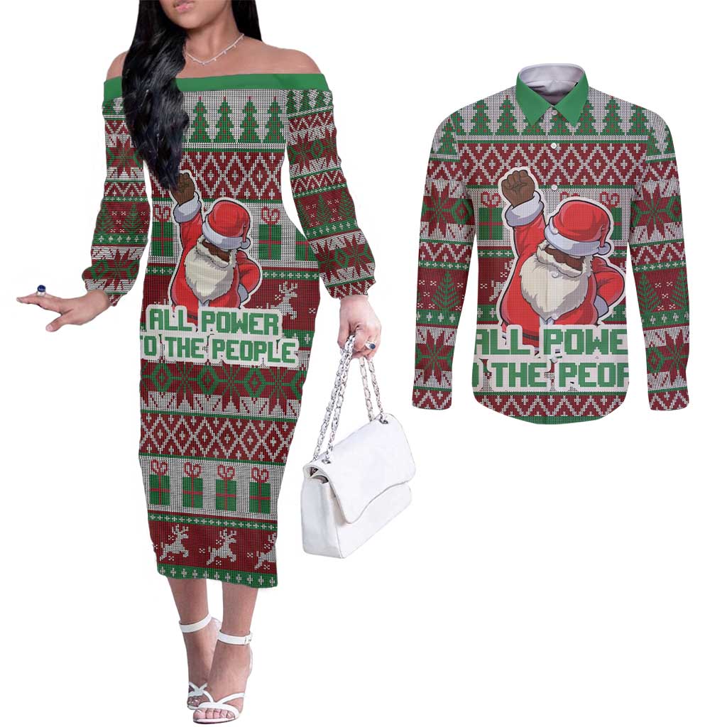 Africa Christmas Black Santa Fist Couples Matching Off The Shoulder Long Sleeve Dress and Long Sleeve Button Shirt All Power to the People