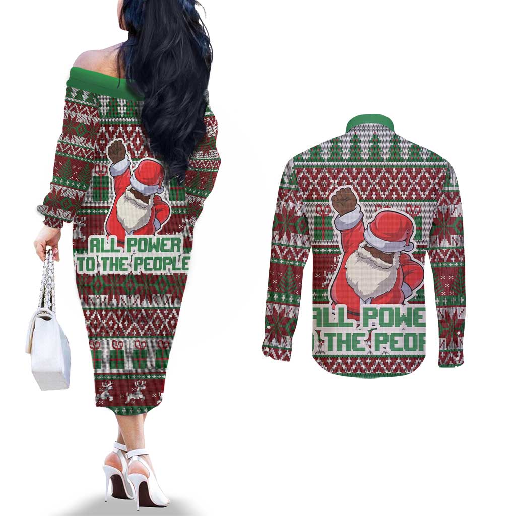Africa Christmas Black Santa Fist Couples Matching Off The Shoulder Long Sleeve Dress and Long Sleeve Button Shirt All Power to the People