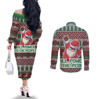 Africa Christmas Black Santa Fist Couples Matching Off The Shoulder Long Sleeve Dress and Long Sleeve Button Shirt All Power to the People