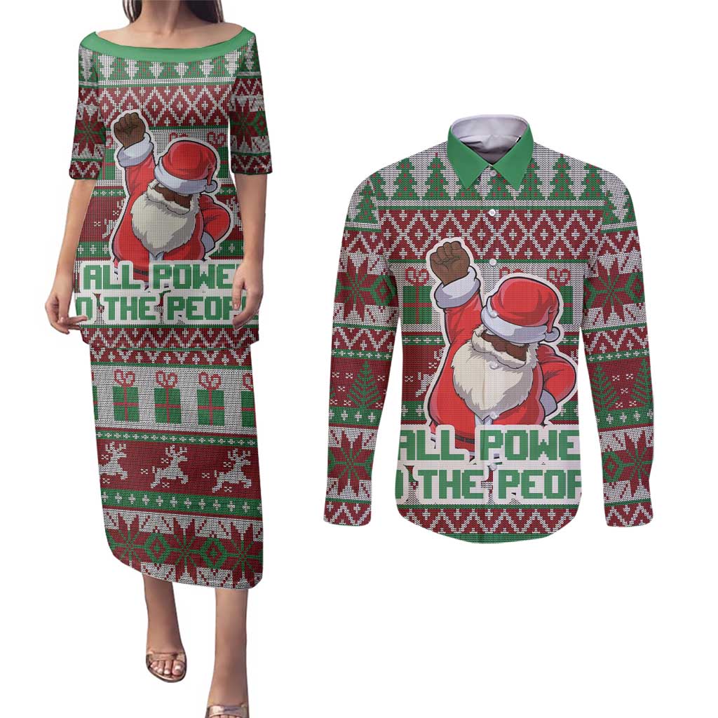 Africa Christmas Black Santa Fist Couples Matching Puletasi and Long Sleeve Button Shirt All Power to the People - Wonder Print Shop
