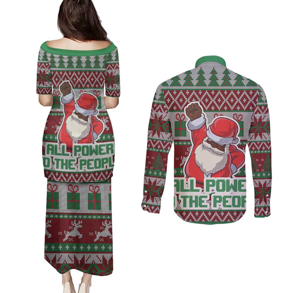 Africa Christmas Black Santa Fist Couples Matching Puletasi and Long Sleeve Button Shirt All Power to the People - Wonder Print Shop