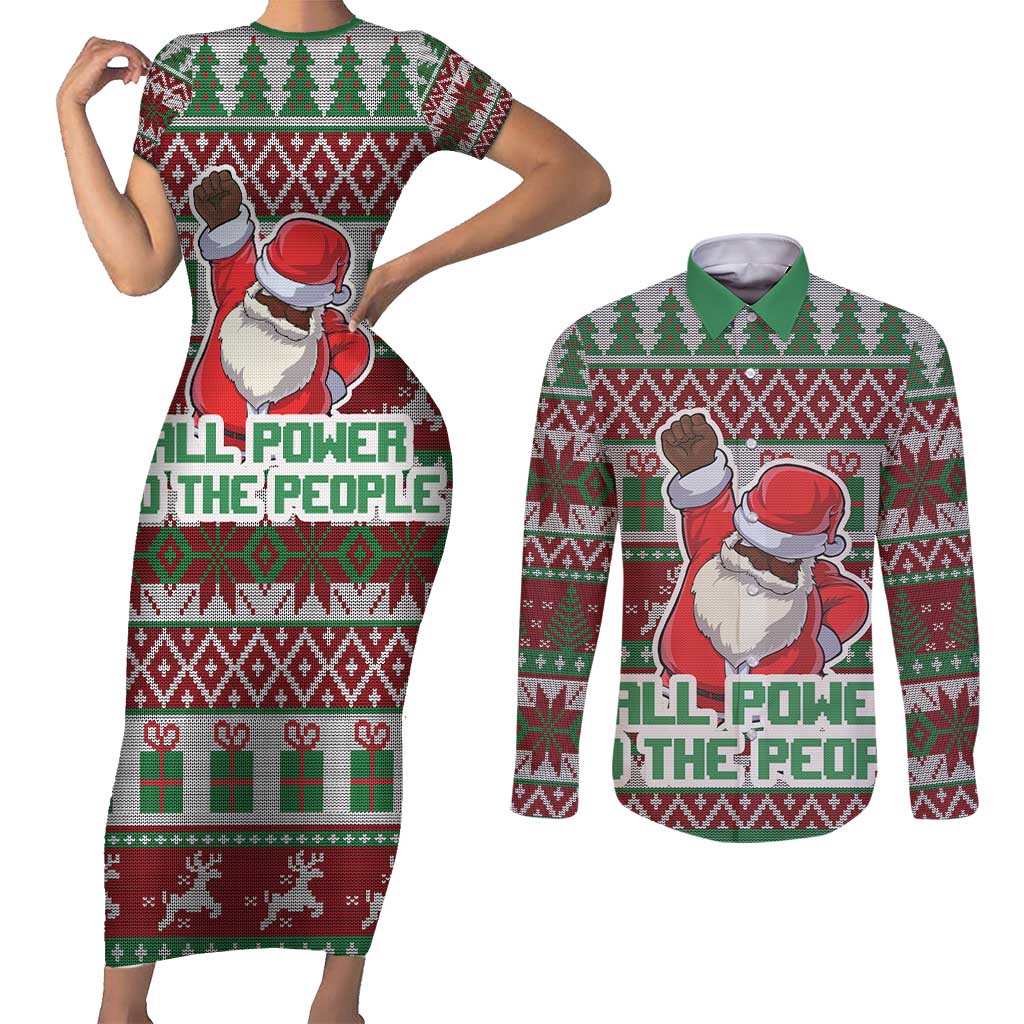Africa Christmas Black Santa Fist Couples Matching Short Sleeve Bodycon Dress and Long Sleeve Button Shirt All Power to the People - Wonder Print Shop