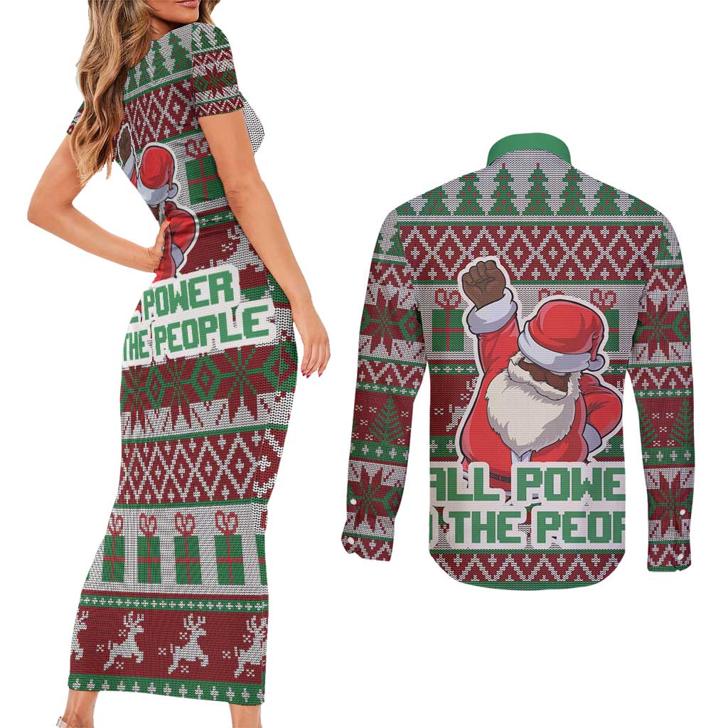 Africa Christmas Black Santa Fist Couples Matching Short Sleeve Bodycon Dress and Long Sleeve Button Shirt All Power to the People - Wonder Print Shop