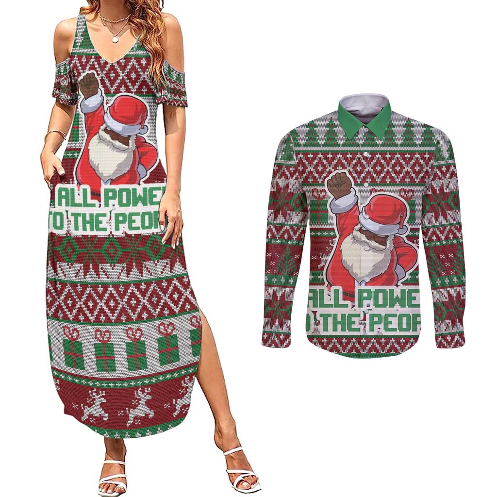 Africa Christmas Black Santa Fist Couples Matching Summer Maxi Dress and Long Sleeve Button Shirt All Power to the People - Wonder Print Shop