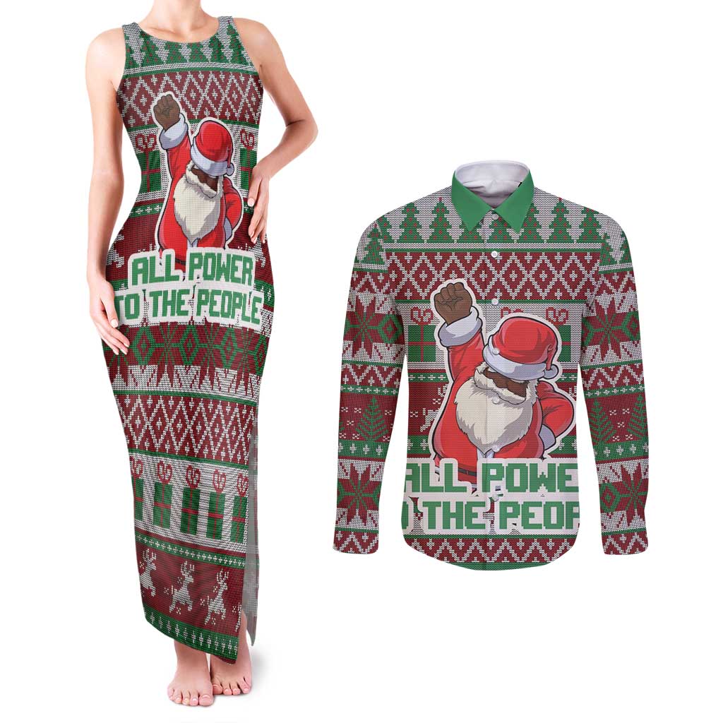 Africa Christmas Black Santa Fist Couples Matching Tank Maxi Dress and Long Sleeve Button Shirt All Power to the People - Wonder Print Shop