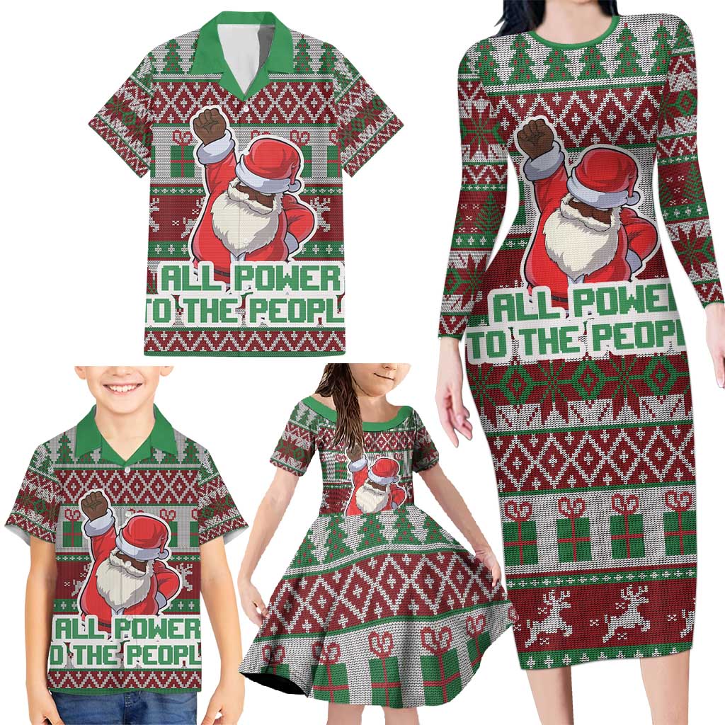 Africa Christmas Black Santa Fist Family Matching Long Sleeve Bodycon Dress and Hawaiian Shirt All Power to the People - Wonder Print Shop