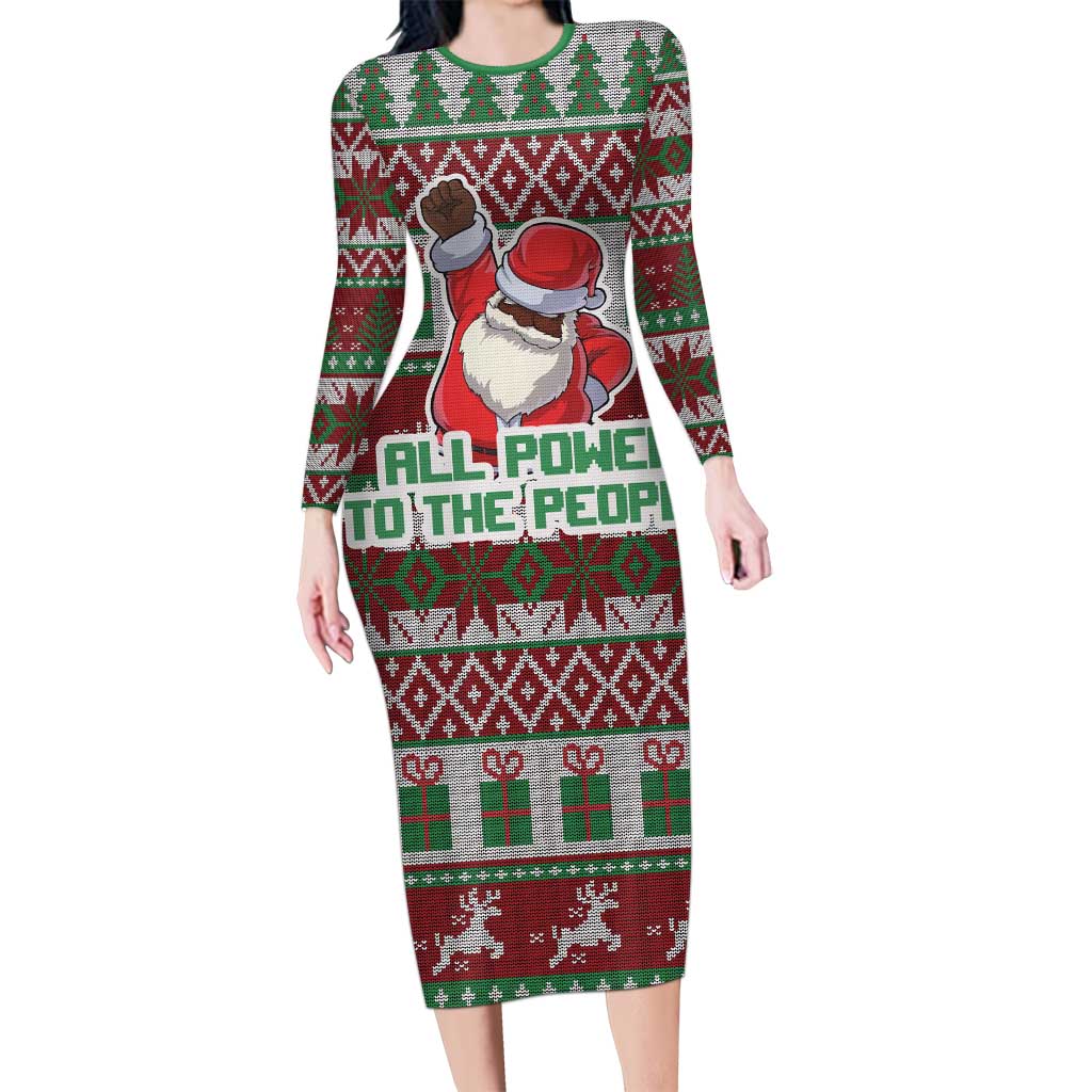 Africa Christmas Black Santa Fist Family Matching Long Sleeve Bodycon Dress and Hawaiian Shirt All Power to the People - Wonder Print Shop