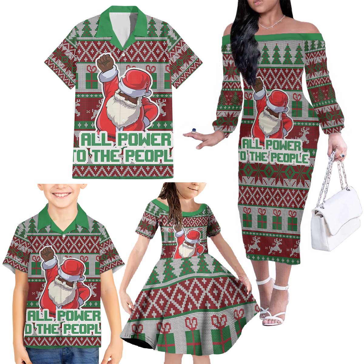 Africa Christmas Black Santa Fist Family Matching Off The Shoulder Long Sleeve Dress and Hawaiian Shirt All Power to the People - Wonder Print Shop