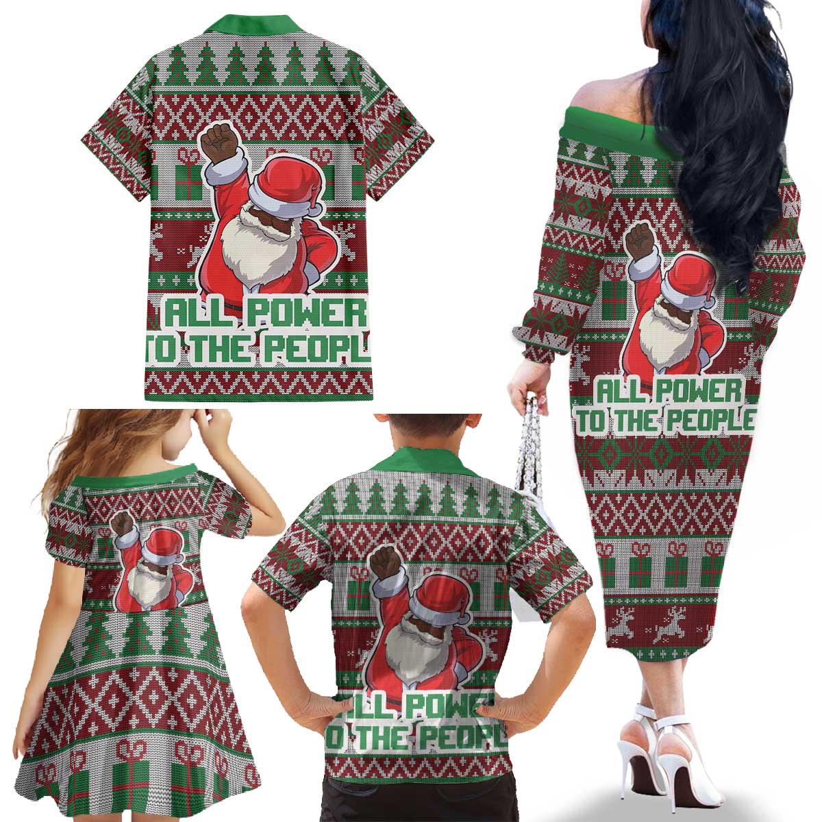 Africa Christmas Black Santa Fist Family Matching Off The Shoulder Long Sleeve Dress and Hawaiian Shirt All Power to the People - Wonder Print Shop