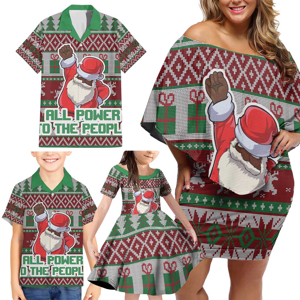Africa Christmas Black Santa Fist Family Matching Off Shoulder Short Dress and Hawaiian Shirt All Power to the People - Wonder Print Shop