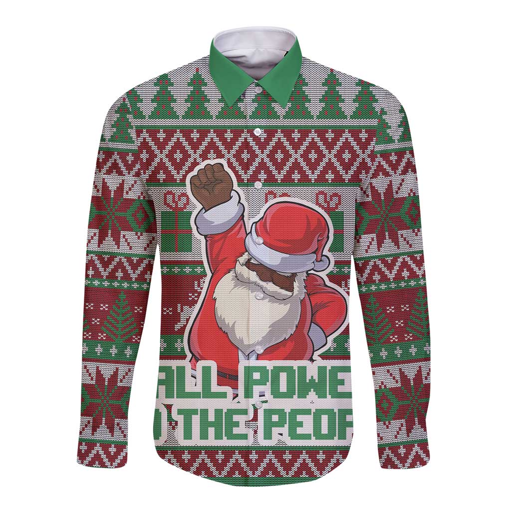 Africa Christmas Black Santa Fist Long Sleeve Button Shirt All Power to the People - Wonder Print Shop