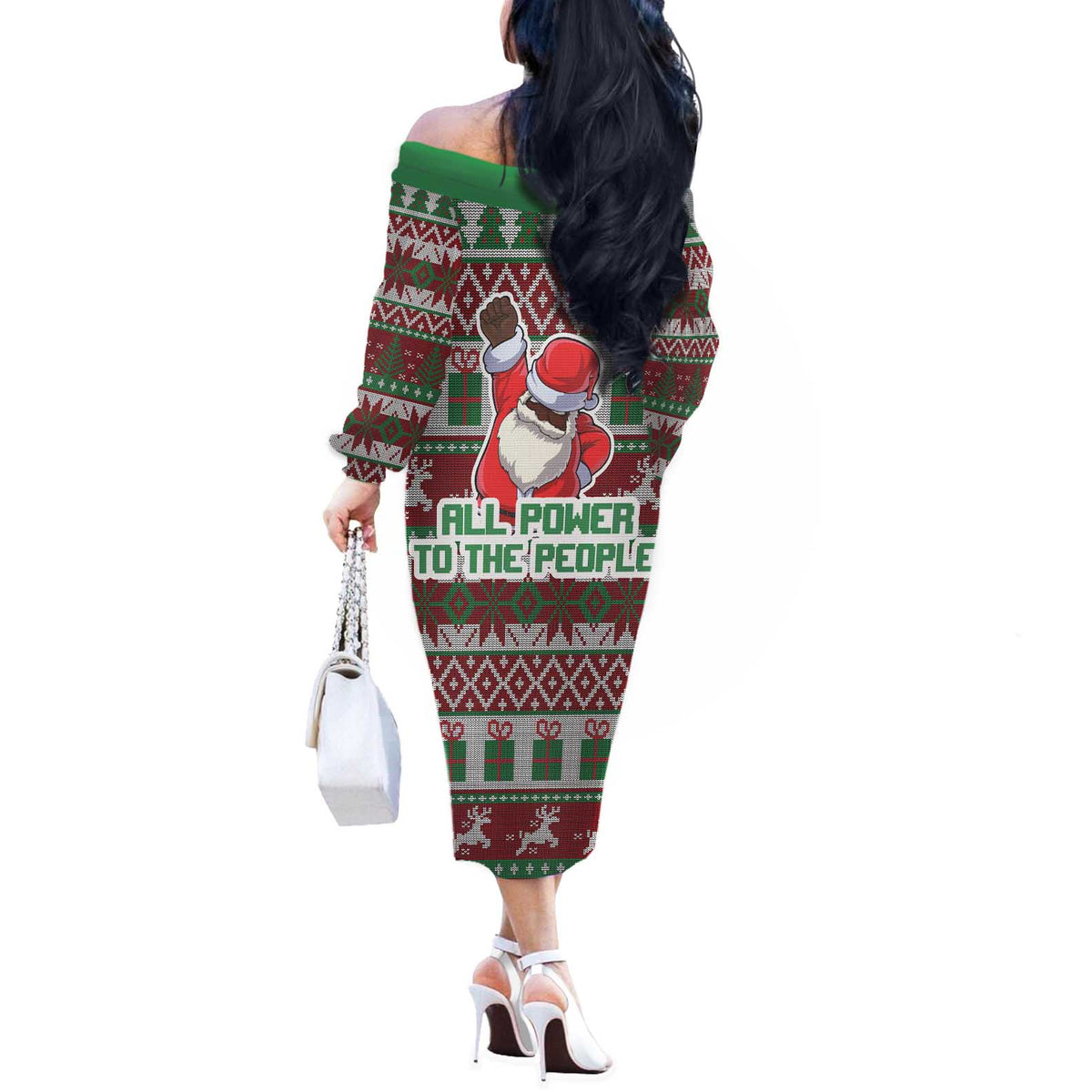 Africa Christmas Black Santa Fist Off The Shoulder Long Sleeve Dress All Power to the People - Wonder Print Shop
