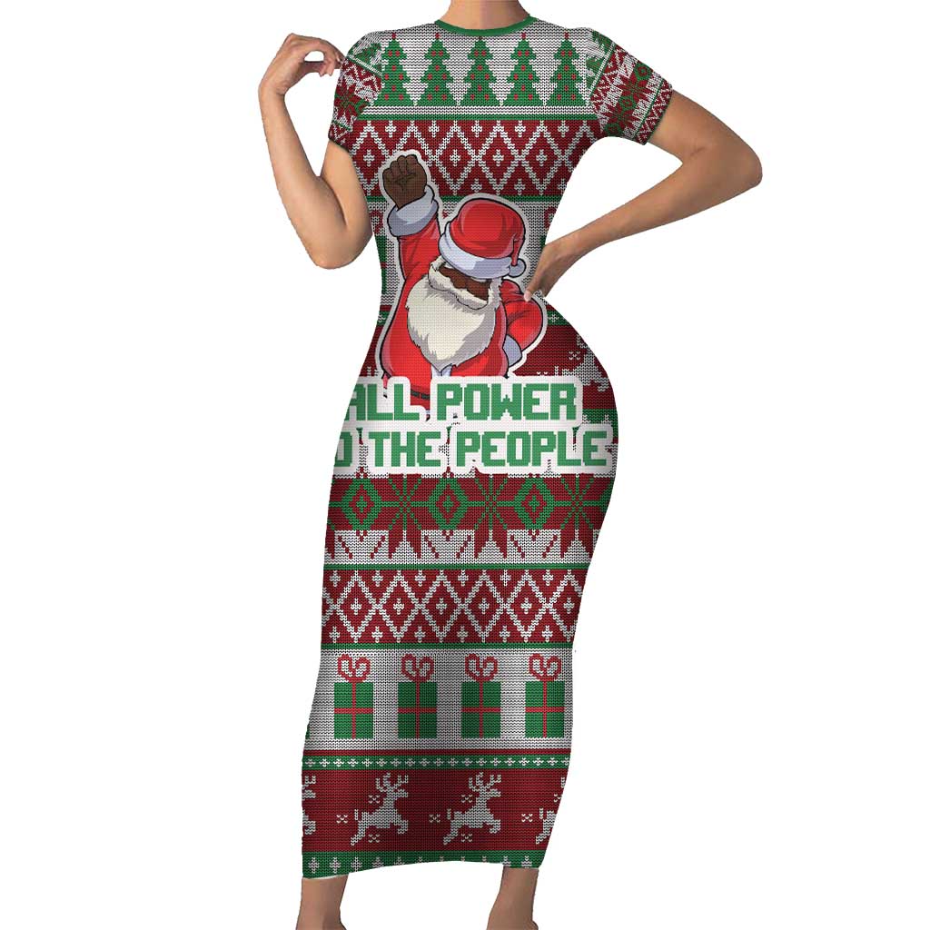 Africa Christmas Black Santa Fist Short Sleeve Bodycon Dress All Power to the People - Wonder Print Shop