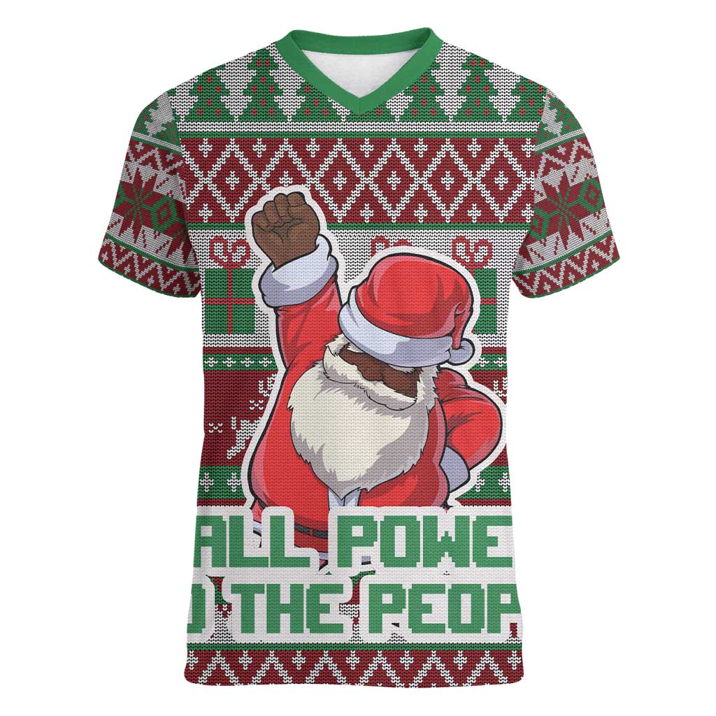 Africa Christmas Black Santa Fist Women V-Neck T-Shirt All Power to the People - Wonder Print Shop