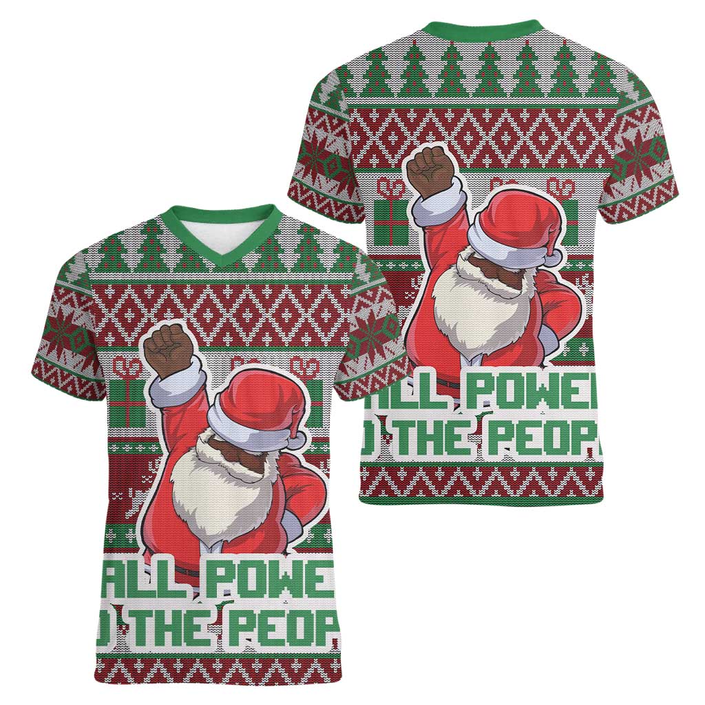 Africa Christmas Black Santa Fist Women V-Neck T-Shirt All Power to the People - Wonder Print Shop