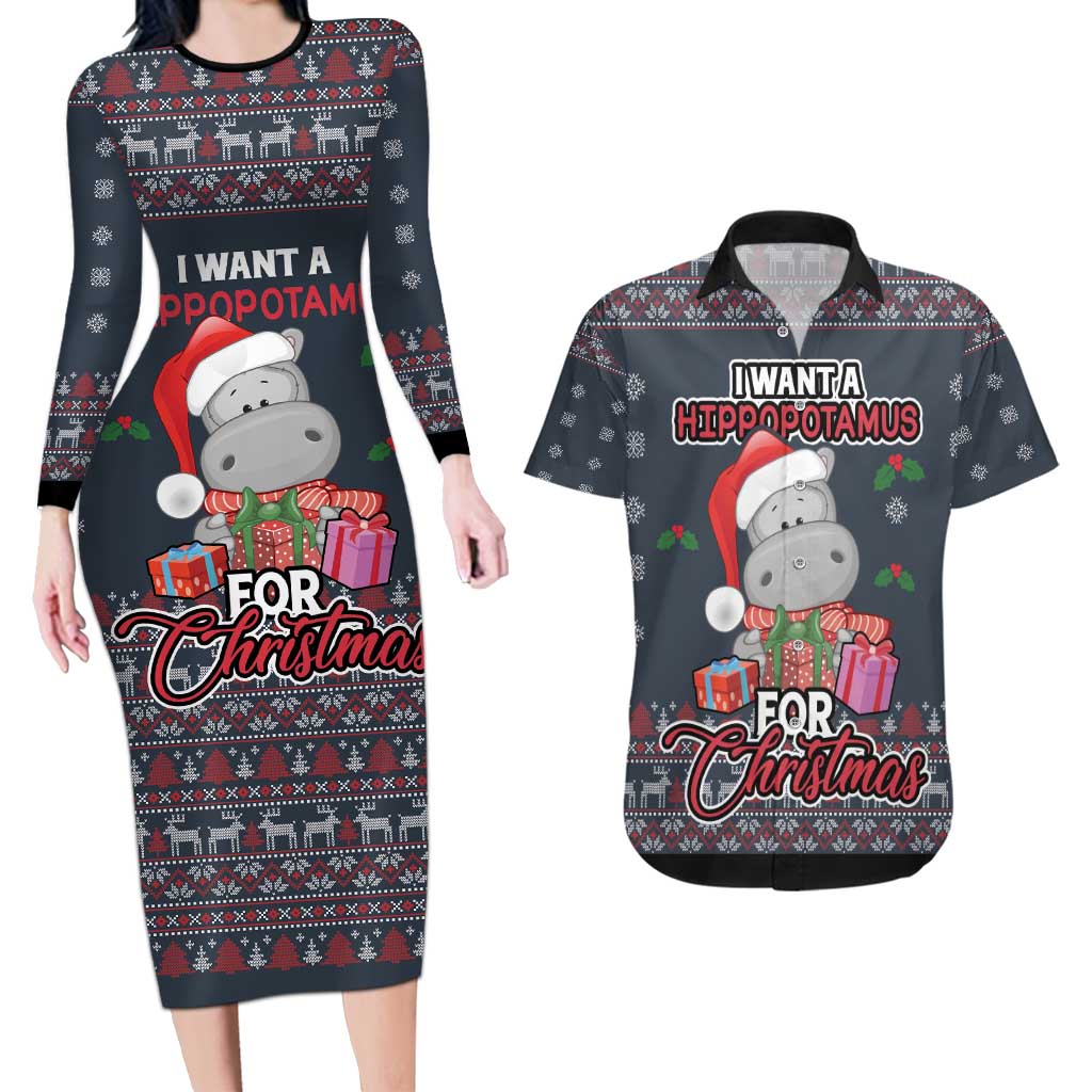I Want A Hippopotamus Christmas Couples Matching Long Sleeve Bodycon Dress and Hawaiian Shirt - Wonder Print Shop
