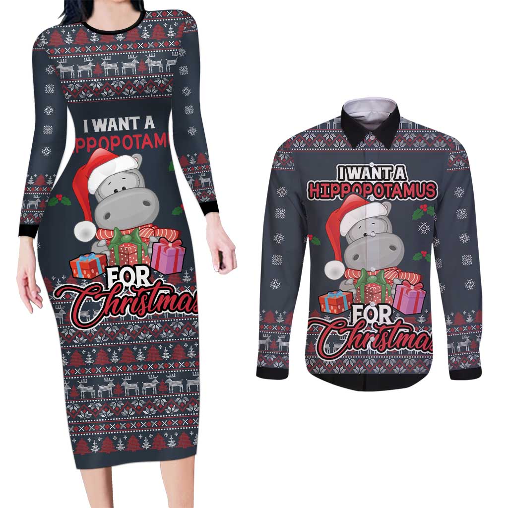 I Want A Hippopotamus Christmas Couples Matching Long Sleeve Bodycon Dress and Long Sleeve Button Shirt - Wonder Print Shop