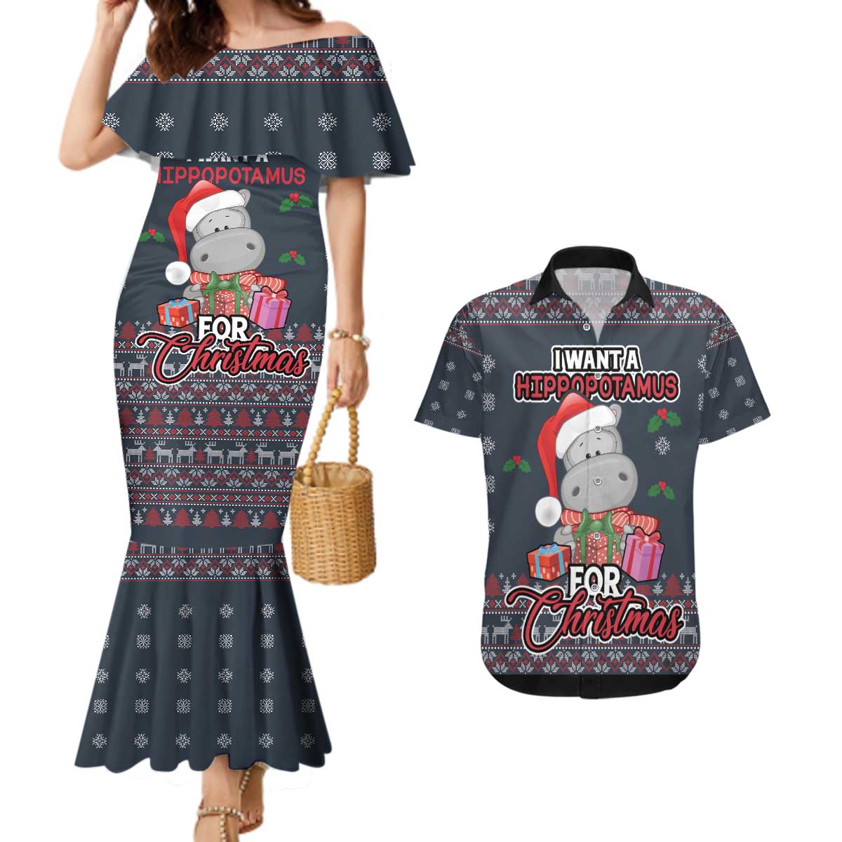 I Want A Hippopotamus Christmas Couples Matching Mermaid Dress and Hawaiian Shirt - Wonder Print Shop