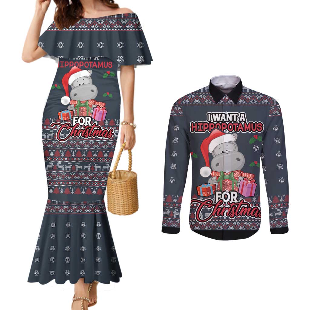 I Want A Hippopotamus Christmas Couples Matching Mermaid Dress and Long Sleeve Button Shirt