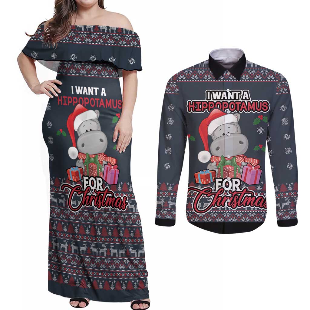 I Want A Hippopotamus Christmas Couples Matching Off Shoulder Maxi Dress and Long Sleeve Button Shirt - Wonder Print Shop