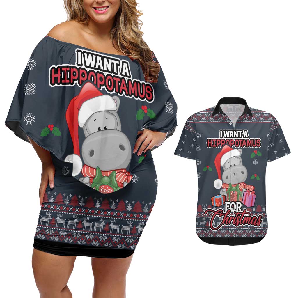 I Want A Hippopotamus Christmas Couples Matching Off Shoulder Short Dress and Hawaiian Shirt - Wonder Print Shop