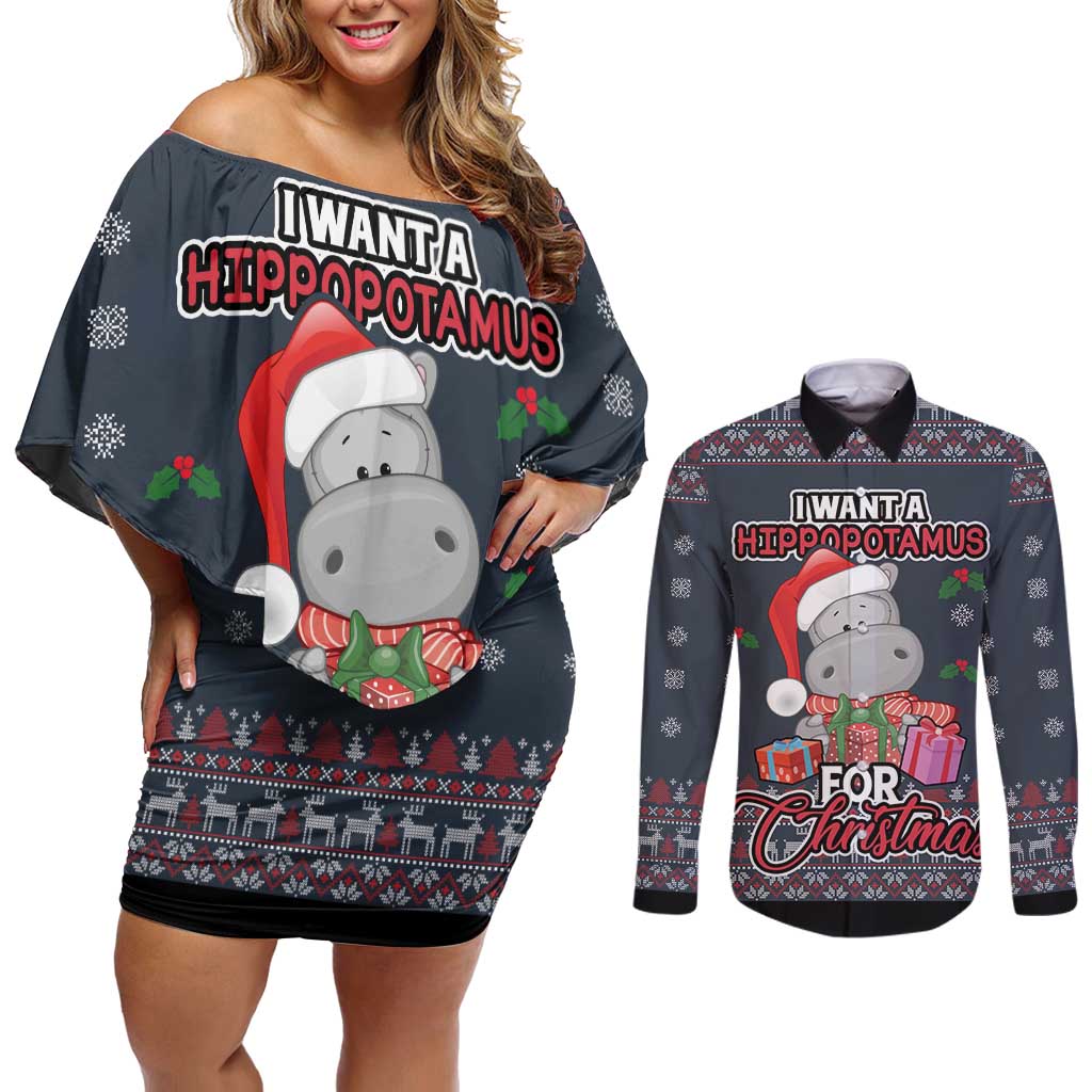 I Want A Hippopotamus Christmas Couples Matching Off Shoulder Short Dress and Long Sleeve Button Shirt - Wonder Print Shop