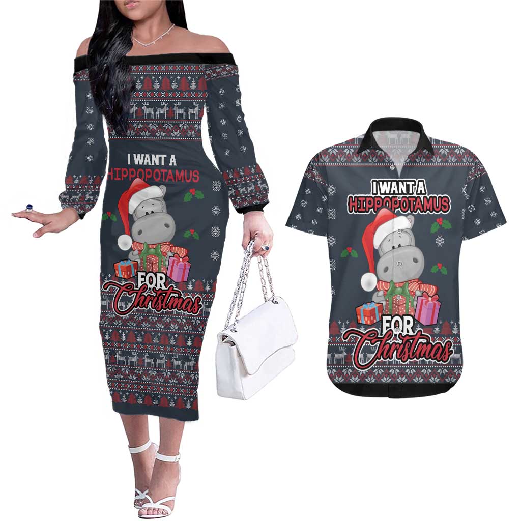 I Want A Hippopotamus Christmas Couples Matching Off The Shoulder Long Sleeve Dress and Hawaiian Shirt - Wonder Print Shop