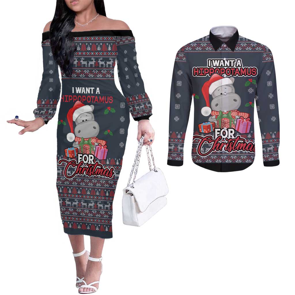 I Want A Hippopotamus Christmas Couples Matching Off The Shoulder Long Sleeve Dress and Long Sleeve Button Shirt