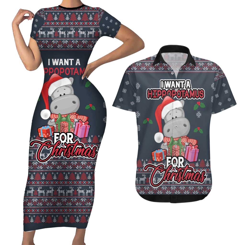 I Want A Hippopotamus Christmas Couples Matching Short Sleeve Bodycon Dress and Hawaiian Shirt - Wonder Print Shop