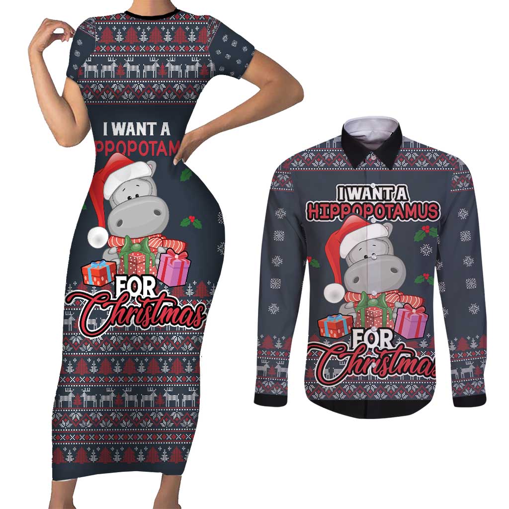 I Want A Hippopotamus Christmas Couples Matching Short Sleeve Bodycon Dress and Long Sleeve Button Shirt - Wonder Print Shop