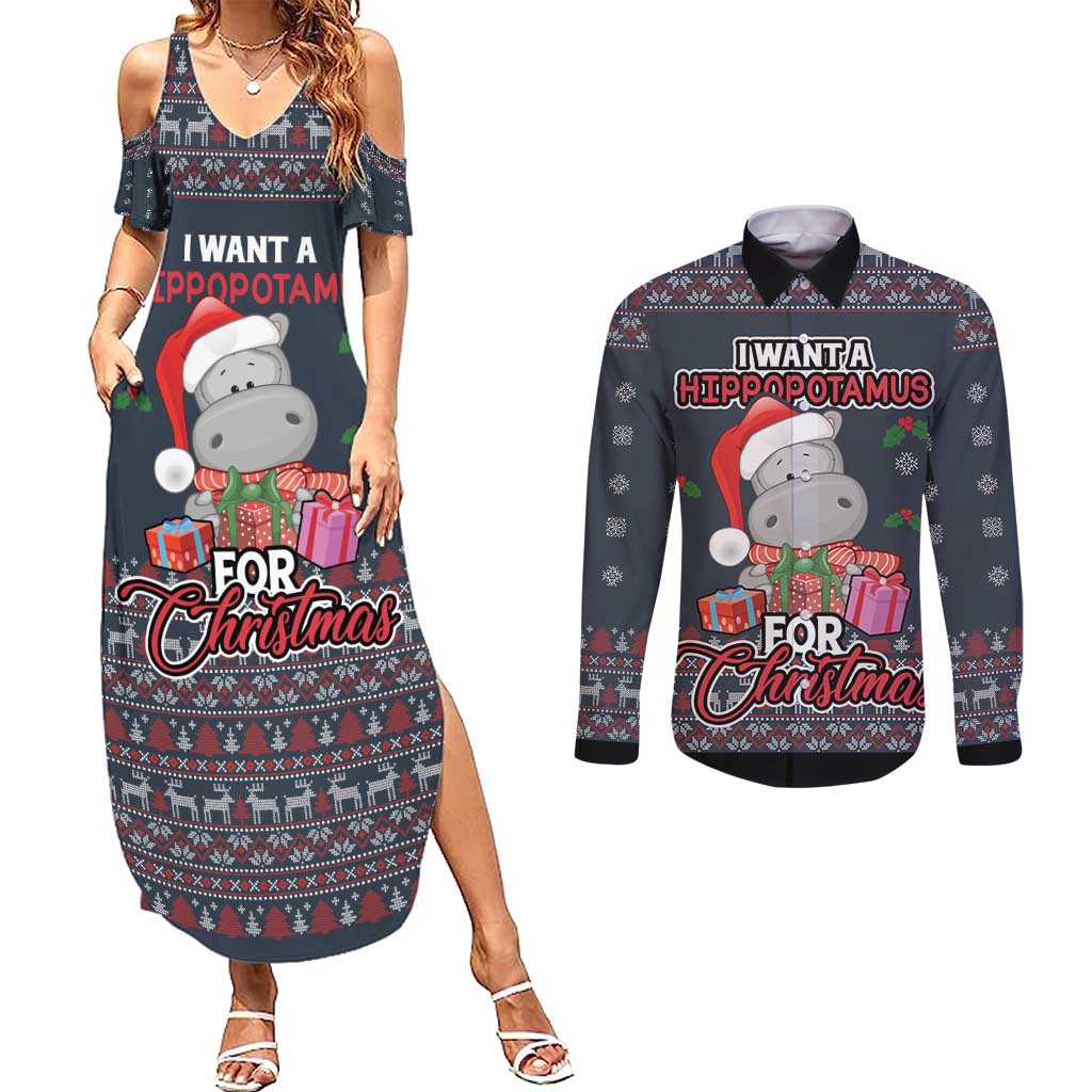 I Want A Hippopotamus Christmas Couples Matching Summer Maxi Dress and Long Sleeve Button Shirt - Wonder Print Shop