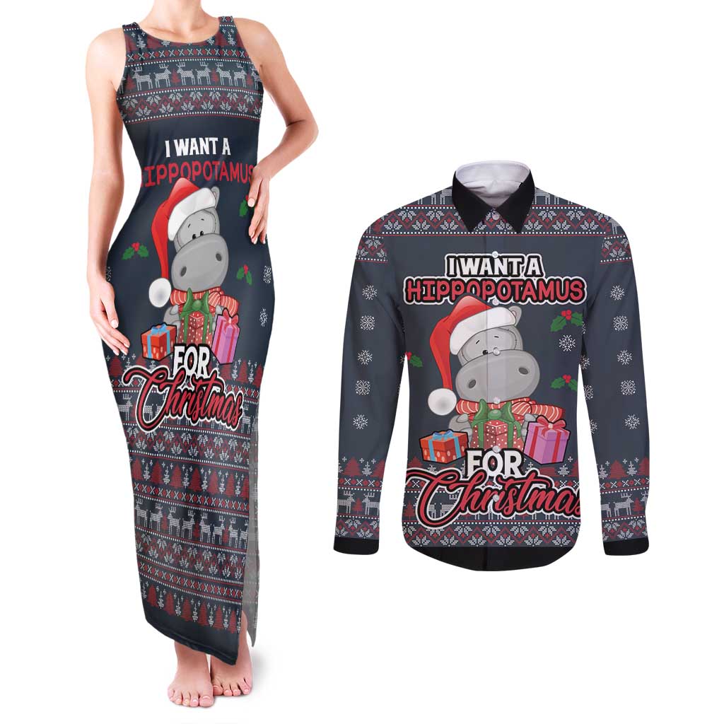 I Want A Hippopotamus Christmas Couples Matching Tank Maxi Dress and Long Sleeve Button Shirt - Wonder Print Shop