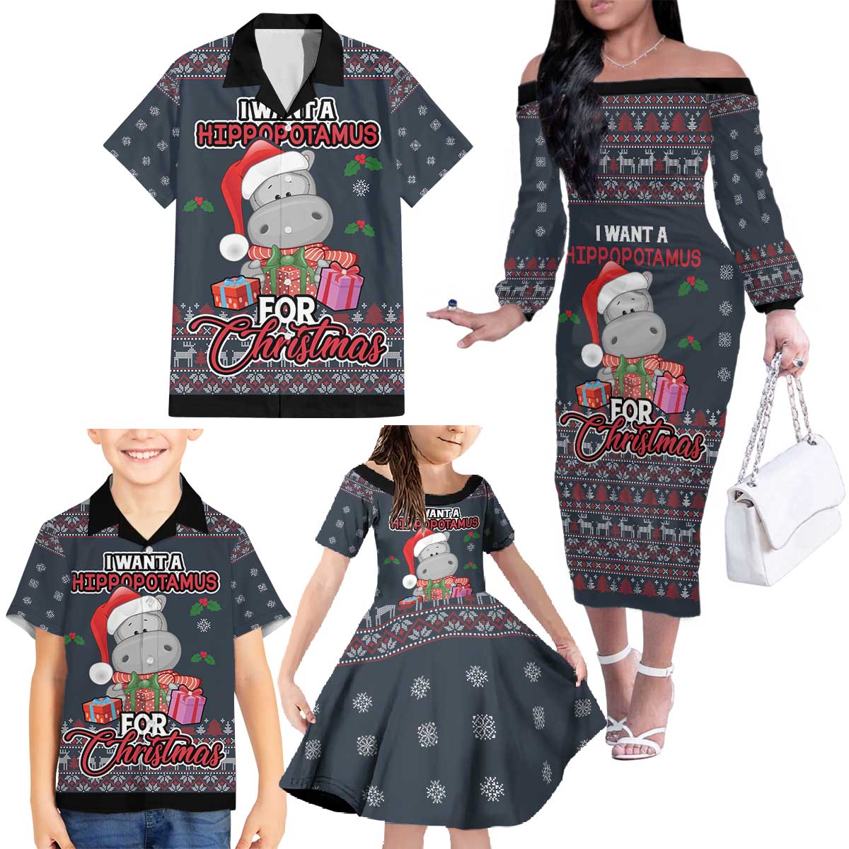 I Want A Hippopotamus Christmas Family Matching Off The Shoulder Long Sleeve Dress and Hawaiian Shirt - Wonder Print Shop